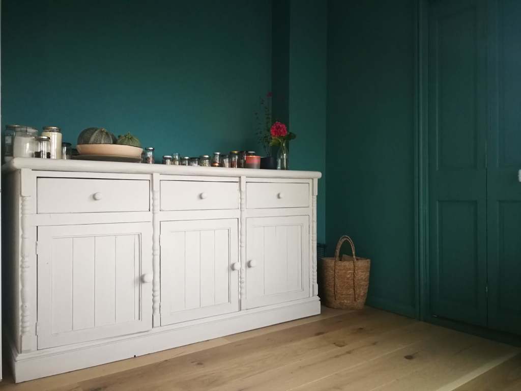 Reclaimed french dresser, painted in french grey on walls, door and trim in the same colour, teal paint