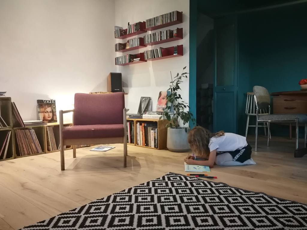 contemporary living room with danish style armchair, plants and vinyls