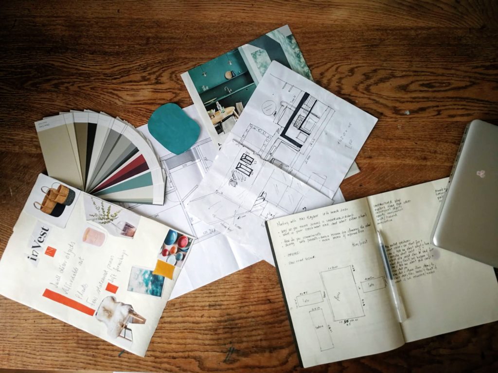 Colour cards, floorplan sketches and drawings and inpirational moodboards