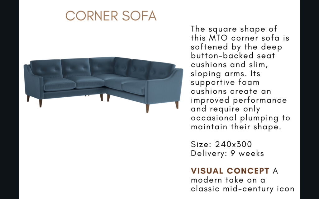 Mid century modern style Ferdinand small corner sofa in blue velevet with walnut legs