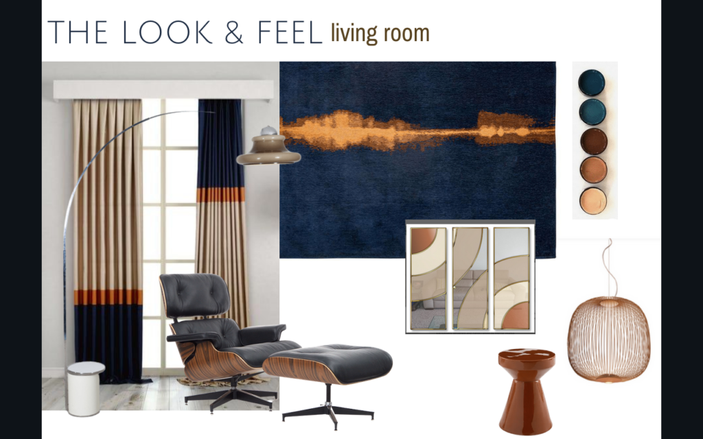 Mood board showing a contemporary living room featuring an Eames Lounge chair, an arched lamp a Spokes 2 pendant lamp by Foscarini, a large abstract canva, a ceramic terracotta side table and a mix of cold and warm colour palette