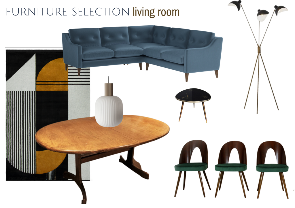 Mid century modern style living room decor with blue velevet corner sofa and G-Plan dining table, original Antonin Suman dining chairs and art deco Antelope rug