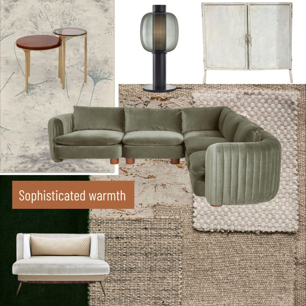 Mood board for a contemporary warm living room. Green velvet sofa, natural tactile fabrics, designers table lamp and soft pattern silk rug 