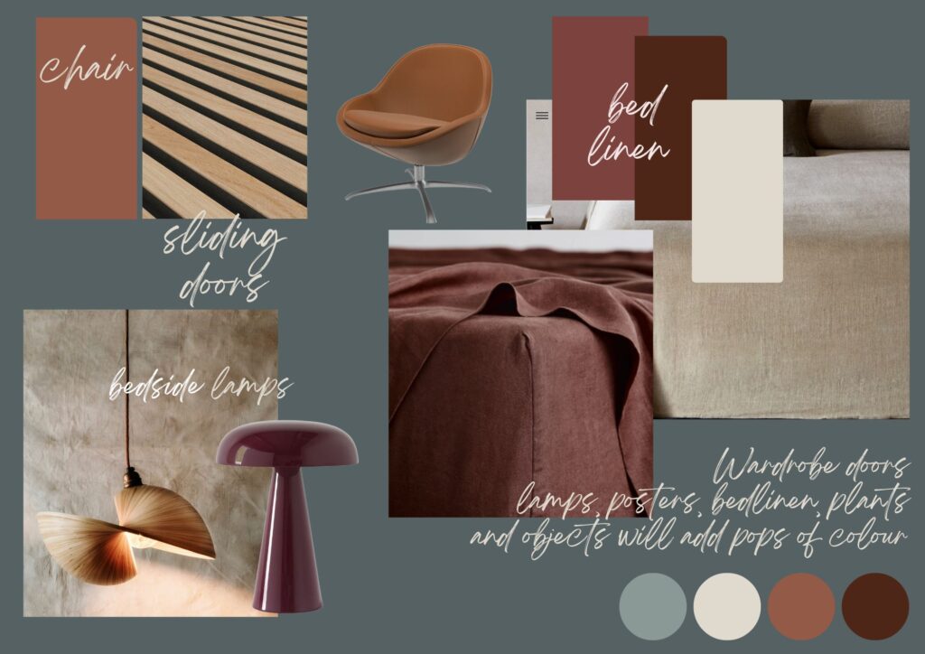 Interior design mood board for a master bedroom in Oval Blue Room by Farrow & Ball and berry tones