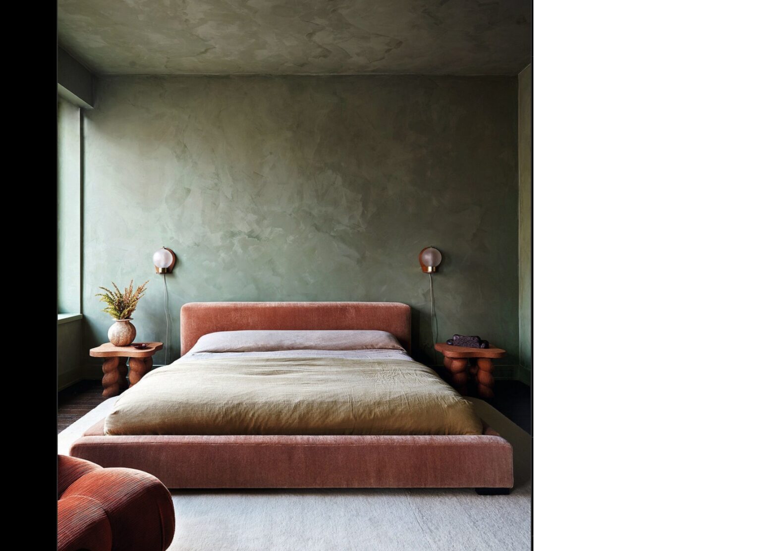 bedroom decor. soft pink and muted green color scheme on limewash walls