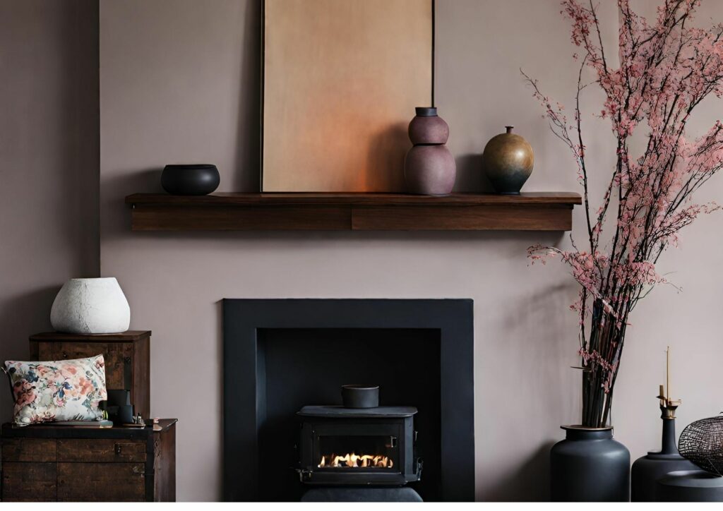 contemporary mantelpiece in black iron and a wooden beam. Curved sculptural vases and Japanese inspired flower arrangement