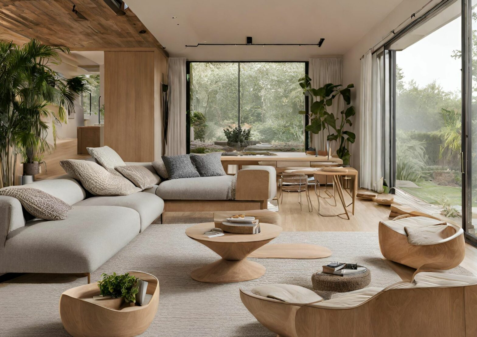 Contemporary living with large windows, modern sofa and Japandi inspired neutral colour scheme