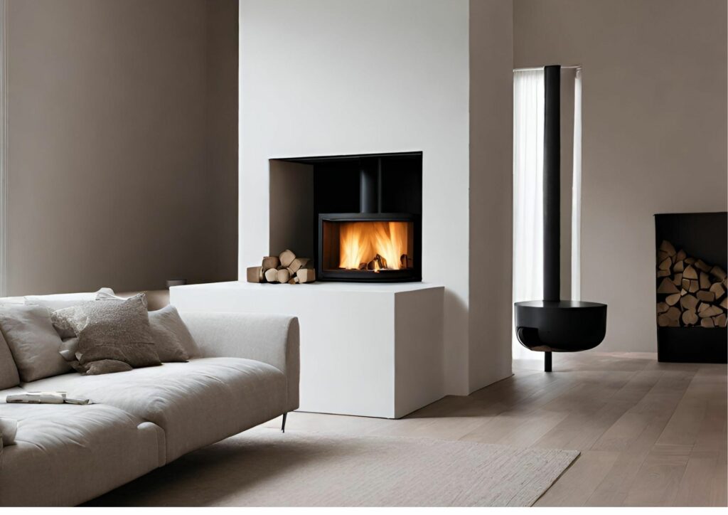 contemporary living room with minimalistic fireplace, white walls and white sofa. 